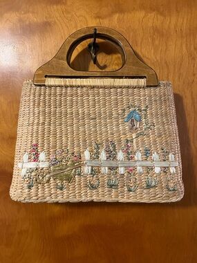 Vintage Straw Tote with Embroidered Garden Motif - Natural, Blue, Pink